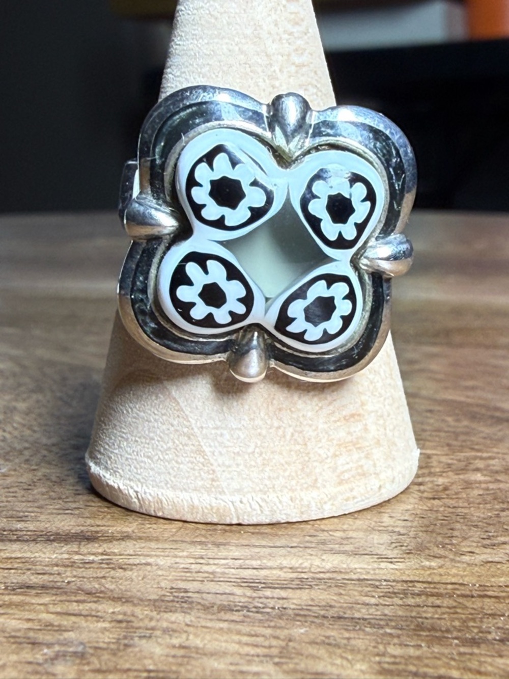 Alan K Black and White Floral Clover Ring